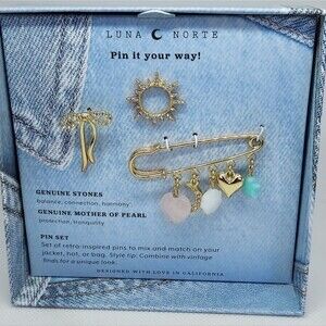 Luna Norte Brooch Pin 3 Piece Set Bow, Sun, Saftey Pin NEW